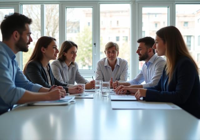 Equipo colaborando en entorno moderno